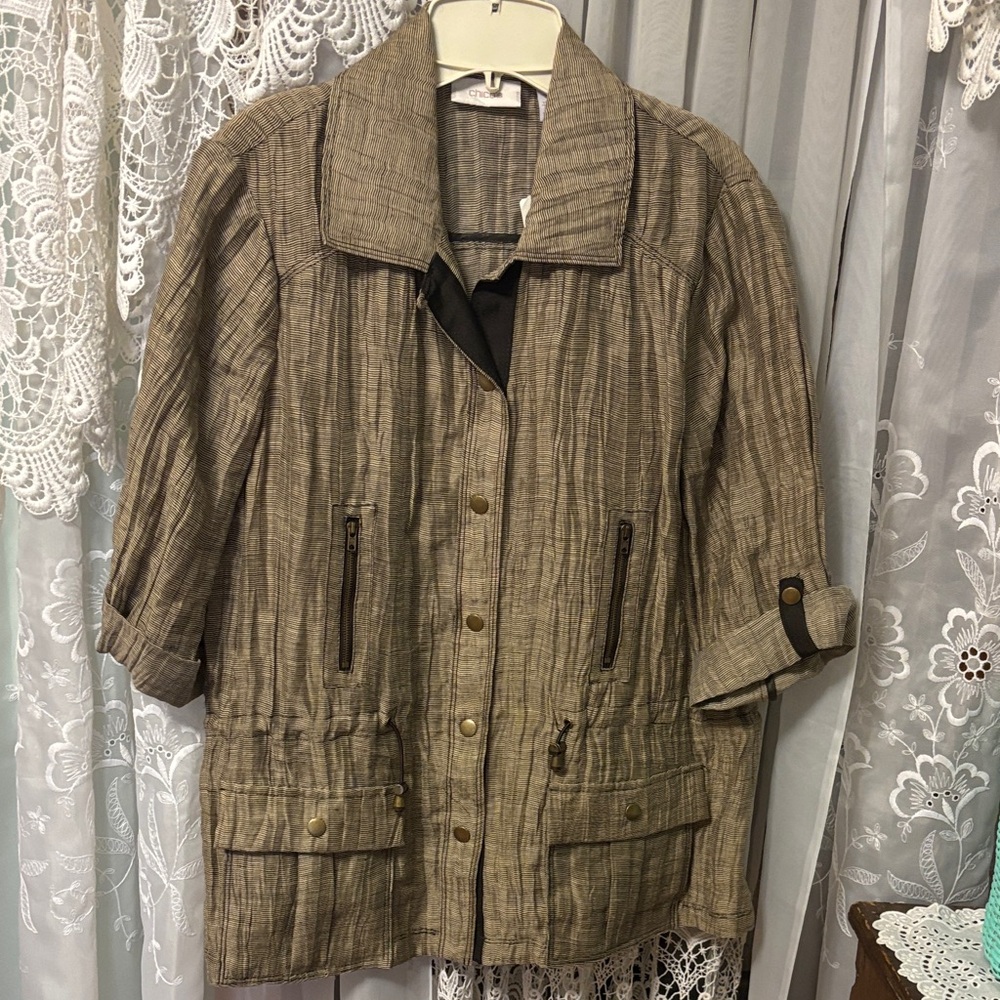 Chico’s Lightweight Linen Utility Weave Winny Jacket Khaki Sz 1 NWT